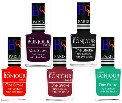 

Bonjour Paris Stylish Nail Polish Set of 5 Pcs 01-02-03-18-44 Orange,Plum,Maroon,Black,Green(Pack of 5)