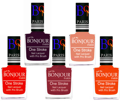 

Bonjour Paris Stylish Nail Polish Set of 5 Pcs 01-02-03-23-46 Orange,Plum,Maroon,Peach,Neon Orange(Pack of 5)