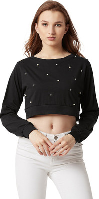 Miss Chase Casual Cuffed Sleeve Solid Women Black Top