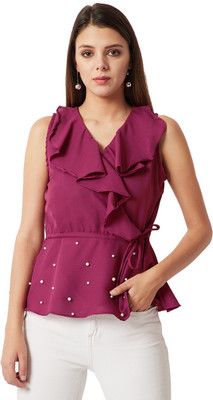 Miss Chase Casual No Sleeve Embellished Women Purple Top