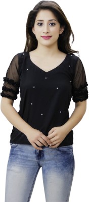 CRAZEVILLA Casual Ruffled Sleeve Embellished Women Black Top