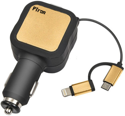 PTron Dynamite 4.8A 2 USB Port Retractable Car Charger With IOS & Android Cables(Gold, With USB Cable)