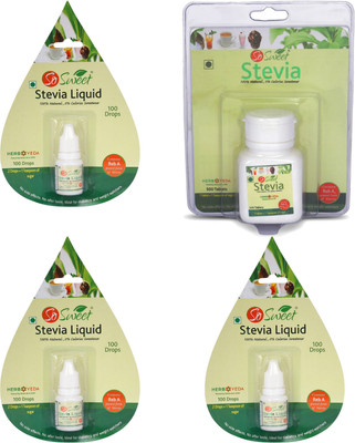 

SO SWEET Stevia Combo of 500 Stevia Tablets and Pack of 3 Liquid Drops (total 300 drops 100% Natural Sweetener - Sugarfree Sweetener(500 Tablets, Pack of 4)