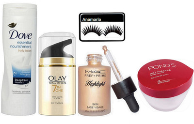 

anamaria Eyelashes & Dove Essential Nourishment Body Lotion & Ponds Age Miracle Day Cream & Olay Anti Ageing Day Cream & Mac Prep+Prime Highlight(Set of 5)