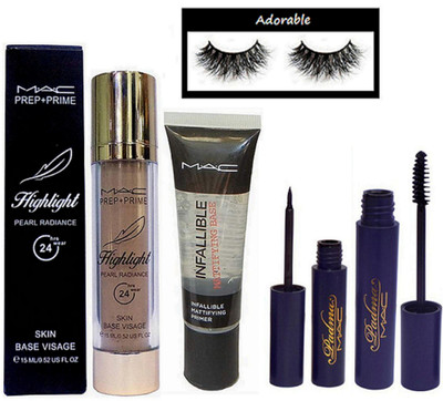 Adorable eyelashes, skin base visage highlight and primer & padma eyeliner, mascara(Set of 5)