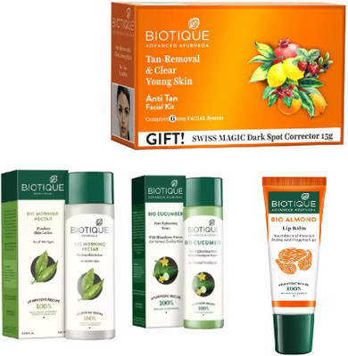 

BIOTIQUE BIO Morning Nectar Flawless Skin Moisturizer, Cucumber Pore Tightening Toner, anti-tan facial kit , LIP CARE(Set of 4)