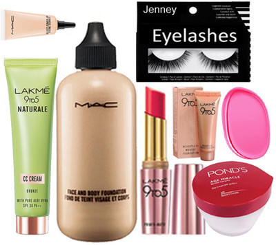 

jenney Eyelashes&Mac Select CoverUp&Mac Face&Body Foundation&Lakme 9To5 Mousse&Lakme 9To5f Lipstick&Slicon Puff&Lakme 9To5Naturale CC Cream&Ponds Age Miracle Wrinkle Corrector Day Cream Spf 18 Pa++(Set of 8)