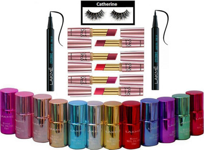 

catherine eyelashes, lipstick pack of 6, mirror nail polish pack of 12, pen eyeliner pack of 2(Set of 21)