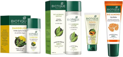 

BIOTIQUE BIO Dandelion Ageless Lightening Serum, Morning Nectar Flawless Skin Moisturizer, papaya face SCRUB, LIP BALM(Set of 4)