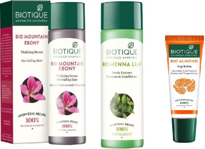 

BIOTIQUE BIO MOUNTAIN EBONY FRESH GROWTH STIMULATING SERUM INTENSIVE HAIR GROWTH TREATMENT, HEENA LEAF FRESH TEXTURE SHAMPOO, LIP BALM(Set of 3)