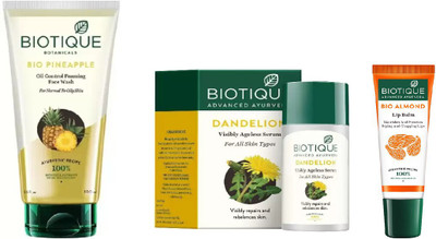 

BIOTIQUE BIO PINEAPPLE OIL CONTROL FOAMING FACE WASH , DANDELION AGELESS LIGHTENING SERUM , LIP CARE(Set of 3)