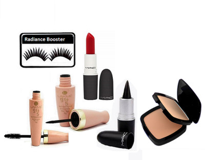 

radiance booster Eyelashes & Lakme 9 to 5 Water Proof Eyeliner+Mascara & Stick Kajal & Lipstick & Two Way Compact(Set of 6)