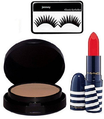 

jenney Eyelashes And Matte Finish Lipstick Red, Powder Plus Foundation Studio Fix Pressed Powder compact(Set of 3)