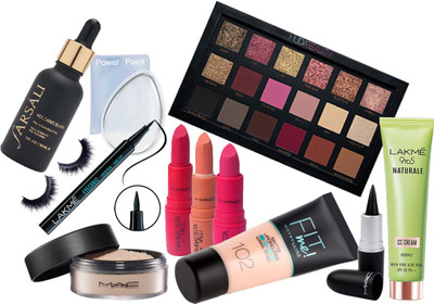 

POWER POINT Silicon Puff&Serum&Eyeshadow Palette,CC Cream,Fit Me Foundation,Eyeliner,Stick Kajal,Matte Finish Lipstick Set Of 3,Loose Powder Compact,Eyelashes(Set of 12)