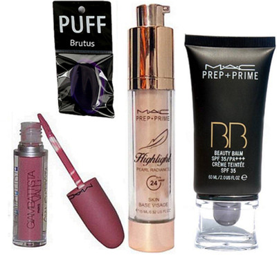 

BRUTUS Silicon Puff With Mac Prep+Prime Highlighter, Prep+Prime BB BEauty Balm Cream Foundation, Liquid Lipgloss(Set of 4)
