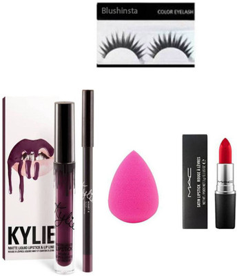 

blushinsta silicon puff, mac lipstick,combo kylie liquid lipstick, eyelashes(Set of 4)