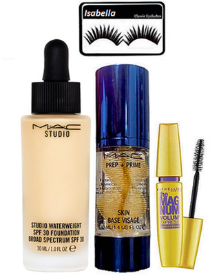 

ISABELLA Eyelashes & Mac Studio Water Weight Foundation & Prep+Prime Primer & Maybelline The Magnum Mascara(Set of 4)