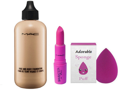 

Adorable sponge puff, mac giambattista pink lipstick and face & body foundation(Set of 3)