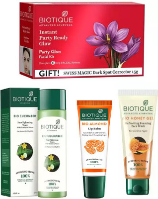 BIOTIQUE BIO PARTY GLOW FACIAL KIT, Cucumber Pore Tightening Toner, Honey Gel Face Wash, LIP BALM(Set of 4)