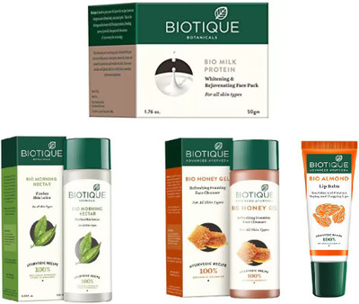 

BIOTIQUE BIO Morning Nectar Flawless Skin Moisturizer, MILK PROTEIN WHITENING & REJUVENATING FACE PACK FOR ALL SKIN TYPES, Honey Gel Refreshing Foaming FaceÃ cleanser ,LIP BALM(Set of 4)