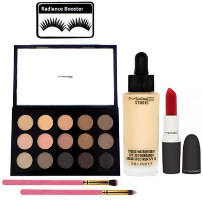 

radiance booster Eyelashes & Mac 15 Shades Eye Shadow Palette With Make Up Brush 2 & Studio Water Weight Foundation & Lipstick(Set of 6)