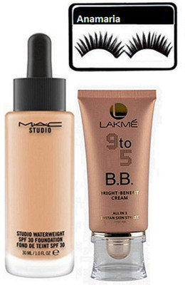 

anamaria Eyelashes & Lakme 9 to 5 BB Bright Benefit Cream & Studio WaterWeight Foundation(Set of 3)
