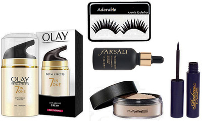 

Adorable eyelashes, olay total effects 7 in one anti cream, mac loose powder,padma liner, volcanic elixir farsali,(Set of 5)