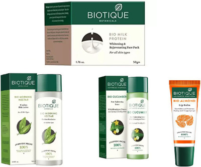 

BIOTIQUE BIO Morning Nectar Flawless Skin Moisturizer, Cucumber Pore Tightening Toner, MILK PROTEIN WHITENING & REJUVENATING FACE PACK FOR ALL SKIN TYPES, LIP CARE(Set of 4)