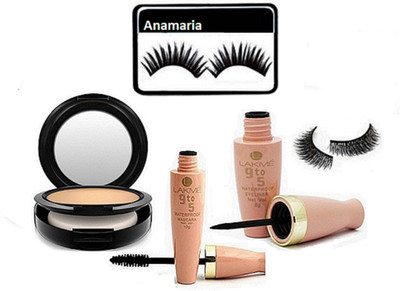 anamaria Eyelashes & Lakme 9 to 5 Water Proof Eyeliner+Mascara & Compact(Set of 5)