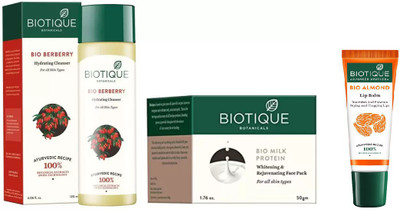 

BIOTIQUE BIO BERBERRY HYDRATING CLEANSER FOR ALL SKIN TYPES, MILK PROTEIN WHITENING & REJUVENATING FACE PACK FOR ALL SKIN TYPES, LIP BALM(Set of 3)