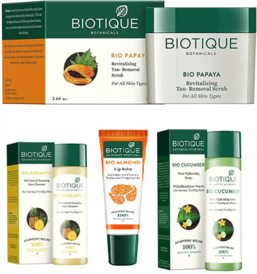 

BIOTIQUE BIO PINEAPPLE OIL CONTROL FACE CLEANSER, Cucumber Pore Tightening Toner, Papaya Revitalizing Tan-Removal Scrub, LIP CARE(Set of 4)