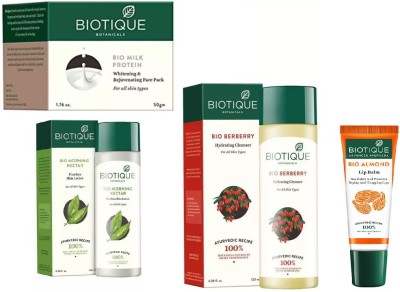 

BIOTIQUE BIO Morning Nectar Flawless Skin Moisturizer, BERBERRY HYDRATING CLEANSER FOR ALL SKIN TYPES, MILK PROTEIN WHITENING & REJUVENATING FACE PACK FOR ALL SKIN TYPES, LIP BALM(Set of 4)