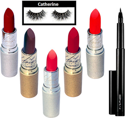 catherine eyelashes, mac Mariah carey lipstick pack of 5 with pen eyeliner(Set of 7)
