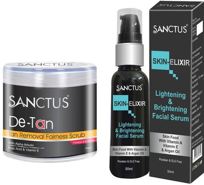 

SANCTUS Skin-ELIXIR Lightening & Brightening Facial Serum & De-TAN Tan Removal Fairness Scrub Combo ( 50ml + 100gm)(Set of 2)