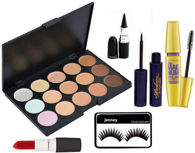 

jenney Eyelashes, Stick Kajal, 15 Shade Concealer Palette & Eyeliner & Mascara & Lipstick(Set of 6)