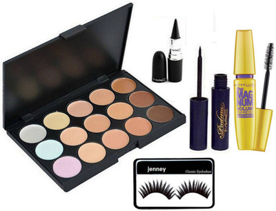 

jenney Eyelashes, Stick Kajal, 15 Shade Concealer Palette & Padma Eyeliner & Mascara(Set of 5)