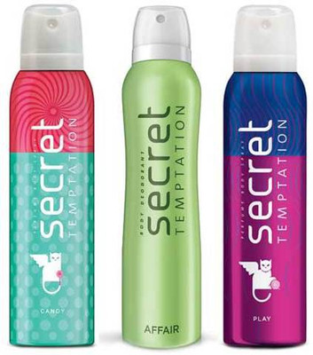 

Secret Temptation Affair, Play and Candy 150 ML each Deodorant Spray - For Women(450 ml, Pack of 3)