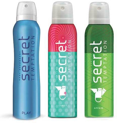 

Secret Temptation Affair, Candy and Play 150 ML each Deodorant Spray - For Women(450 ml, Pack of 3)