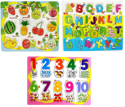 

Emob Set of 3 Wooden Puzzle Learning Board with different Frames of Fruits, Numbers, Geometric Shapes, Alphabets, Transport Vehicles, Animals(Multicolor)