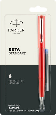 PARKER Beta Standard Chrome Trim Flame Red Body Color +1 Ink Cartridge Free Fountain Pen(Ink Color - Red)