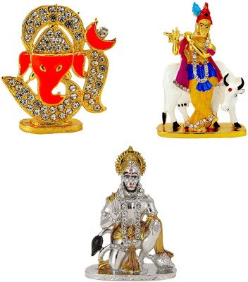 Le Om with Lord Ganesha Face Electroplated Holy Symbol, Lord Krishna (Murlidhar and Cow) Antique Finish Electroplated Idol & Lord Hanuman (Bajrang-Bali) Electroplated Idol Statue for Home Decor , Office and Car Dashboard Decorative Showpiece  -  9.2 cm(Metal, Red, Gold)