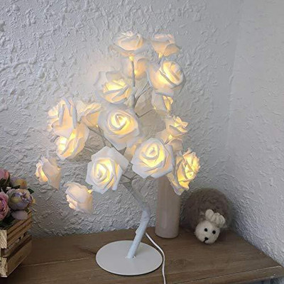 Lilone AtneP LED White Rose Tree Home Decoration 24 LED Lighting | Size 9x18 Inch | Festival Lamp Creative Gift Diwali Christmas Wedding Party Event - Warm White Table Lamp(18 cm, White)