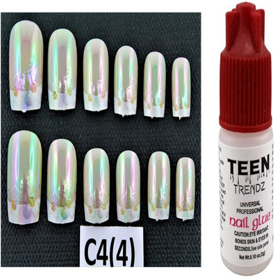 

Ear Lobe & Accessories Round Tip Full Cover Glossy Nails With Glue 12 Pcs C4(4) Multicolour(Pack of 12)