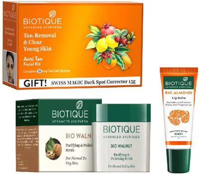 

BIOTIQUE BIO anti-tan facial kit, WALNUT PURIFYING & POLISHING SCRUB, LIP CARE(Set of 3)