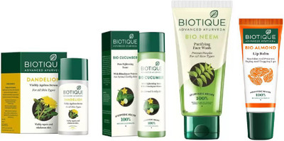 

BIOTIQUE BIO Dandelion Ageless Lightening Serum, Cucumber Pore Tightening Toner, neem face wash, LIP CARE(Set of 4)