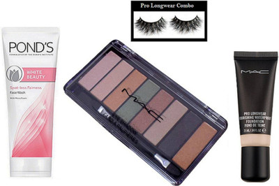 

pro longwear combo Eyelashes, Mac 8 Shades Eyeshadow Palette, Pro Longwear Nourishing Waterproof Foundation, Pond's White Beauty Spot-Less Fairness Face Wash(Set of 4)