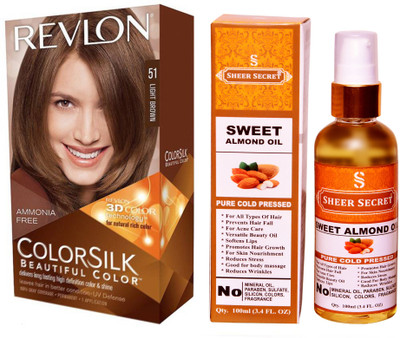 

SHEER SECRET SWEET ALMOND OIL 100 ML (PURE COLD PRESSED) with REVLON HAIR COLOUR LIGHT BROWN 51(Set of 2)