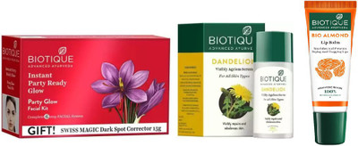 

BIOTIQUE BIO PARTY GLOW FACIAL KIT, Dandelion Ageless Lightening Serum , LIP CARE(Set of 3)