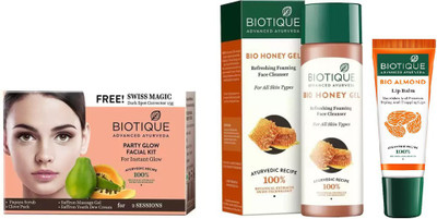 

BIOTIQUE BIO Party Glow Facial Kit, Bio Honey Gel Refreshing Foaming Face Cleanser For All Skin Types , LIP CARE(Set of 3)