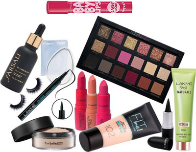 

power point Silicon Puff&Serum&Eyeshadow Palette,CC Cream,Fit Me Foundation,Eyeliner,Stick Kajal,Matte Finish Lipstick Set Of 3,Loose Powder Compact,Eyelashes & Baby Lip balm(Set of 12)